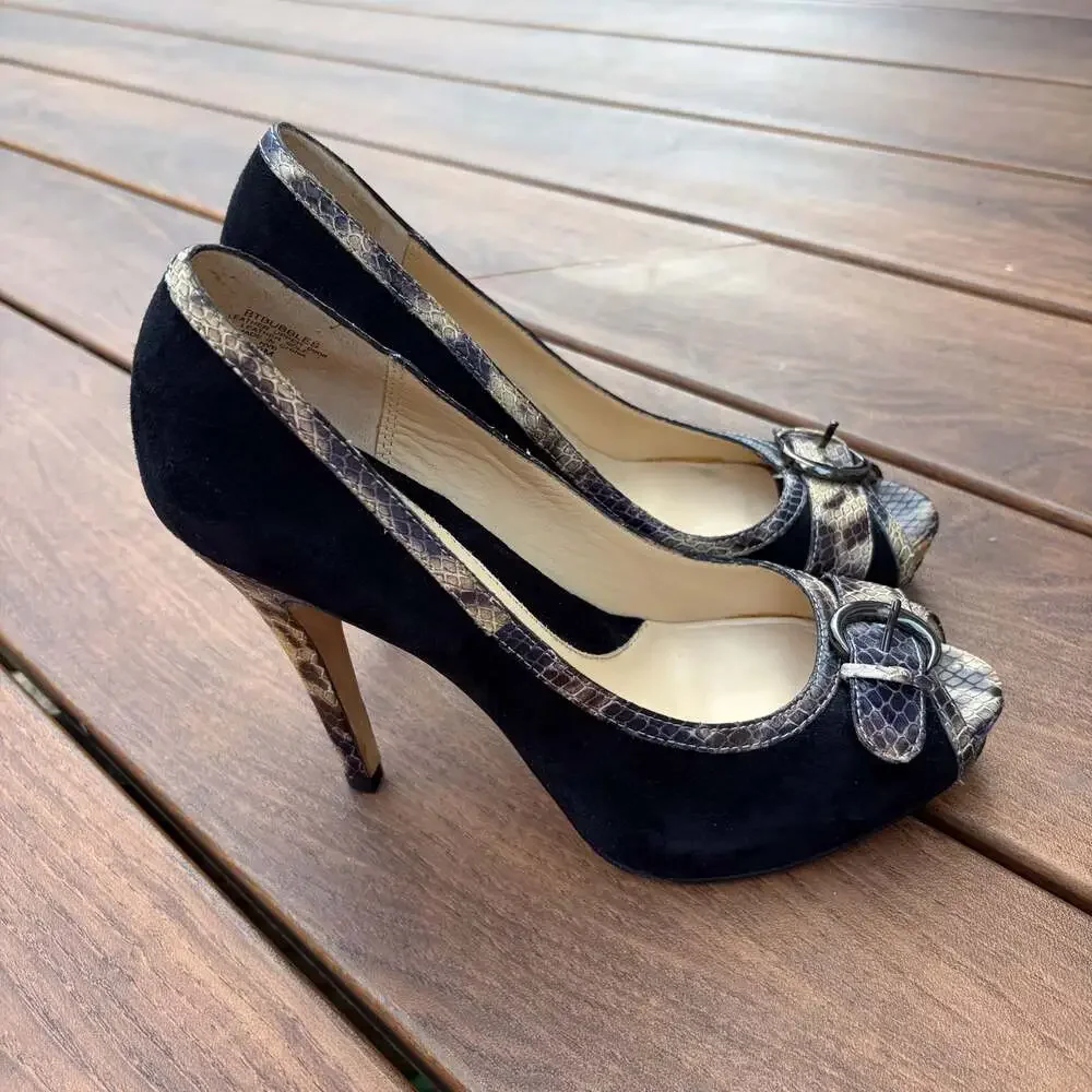 Boutique 9 Bubbles Black Suede & Snakeskin Print Leather Peep Toe Pumps Size 8